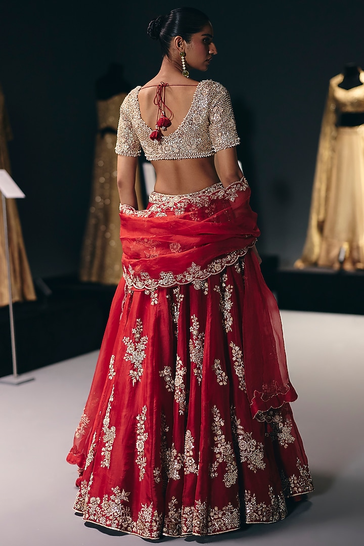 Red Silk Dupion Zardosi Embroidered Bridal Lehenga Set by Sana Barreja at Pernia's Pop Up Shop