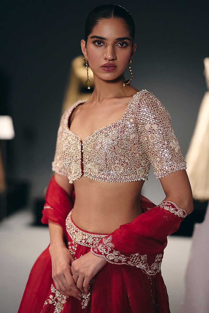 Red Silk Dupion Zardosi Embroidered Bridal Lehenga Set by Sana Barreja at Pernia's Pop Up Shop