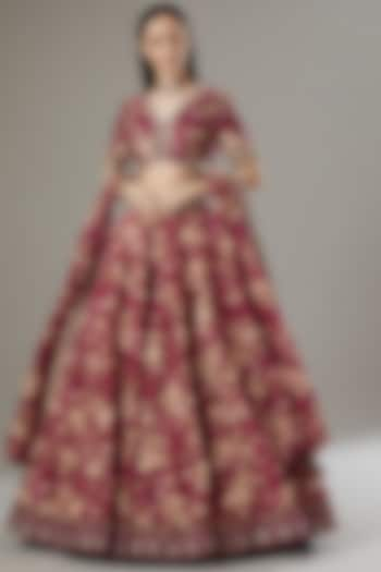 Maroon Printed Wedding Lehenga Set by Sana Barreja at Pernia's Pop Up Shop