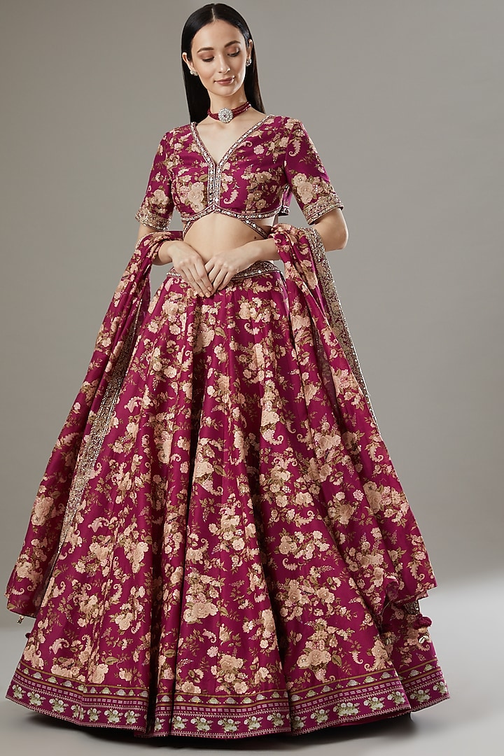 Maroon Printed Wedding Lehenga Set by Sana Barreja at Pernia's Pop Up Shop