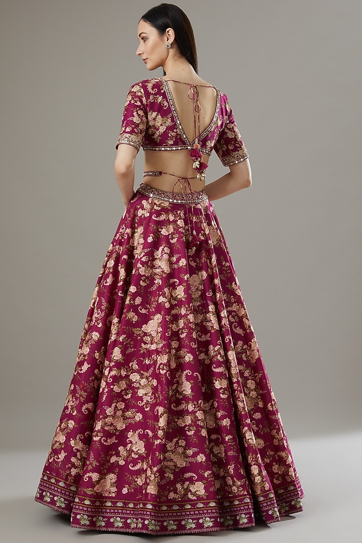 Maroon Printed Wedding Lehenga Set by Sana Barreja at Pernia's Pop Up Shop