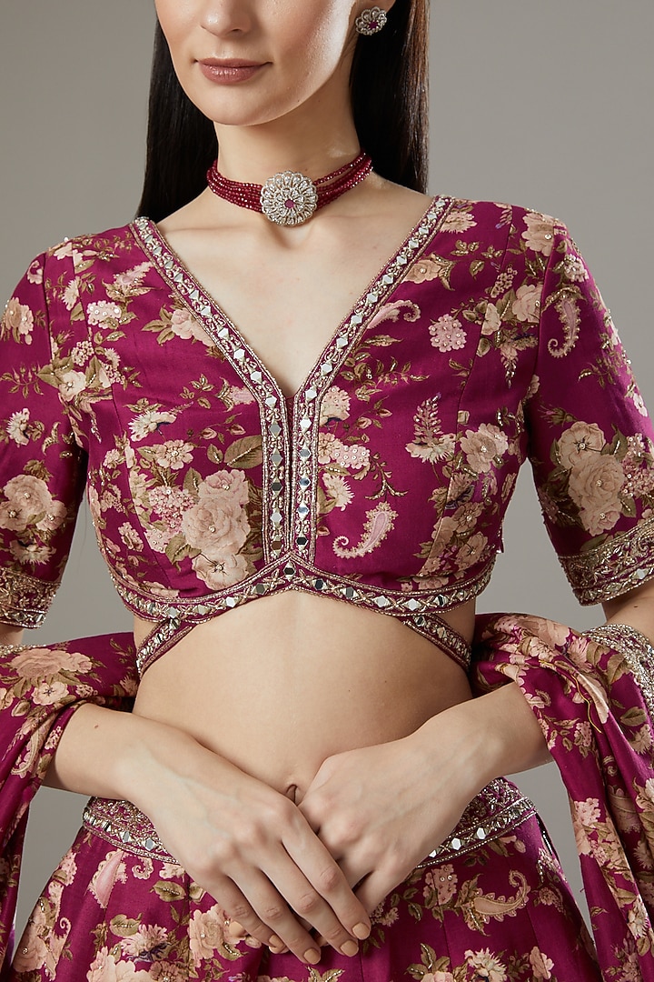 Maroon Printed Wedding Lehenga Set by Sana Barreja at Pernia's Pop Up Shop
