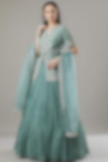 Blue Embroidered Jacket Wedding Lehenga Set by Sana Barreja at Pernia's Pop Up Shop