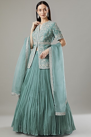 Blue Embroidered Jacket Lehenga Set by Sana Barreja