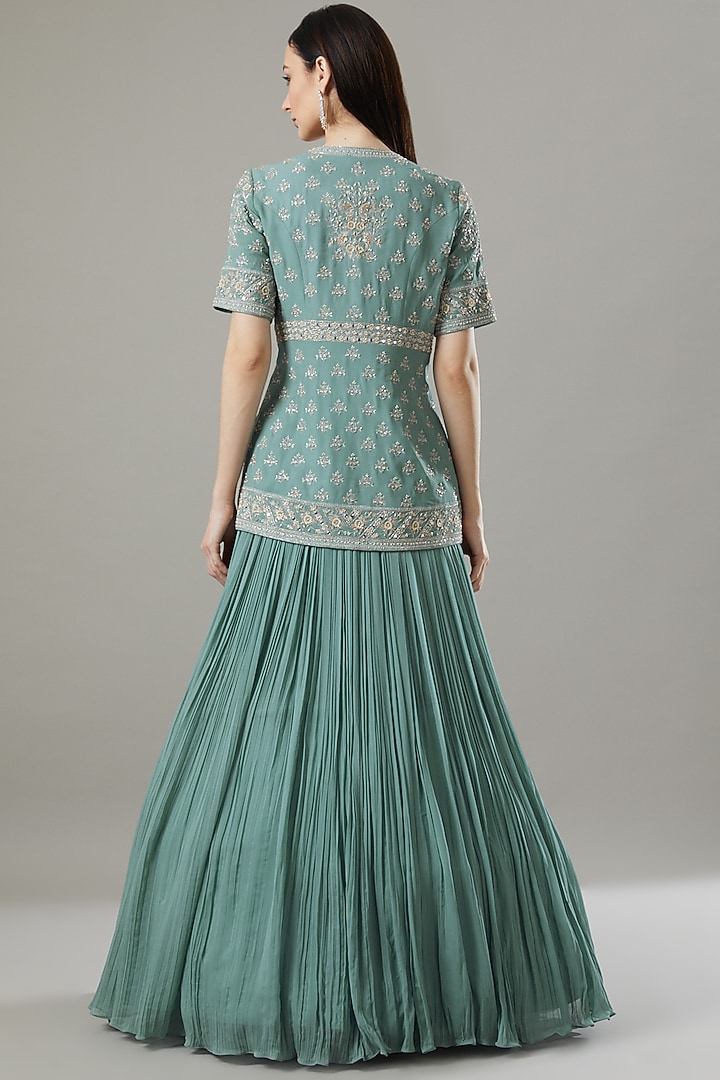 Blue Embroidered Jacket Wedding Lehenga Set by Sana Barreja at Pernia's Pop Up Shop