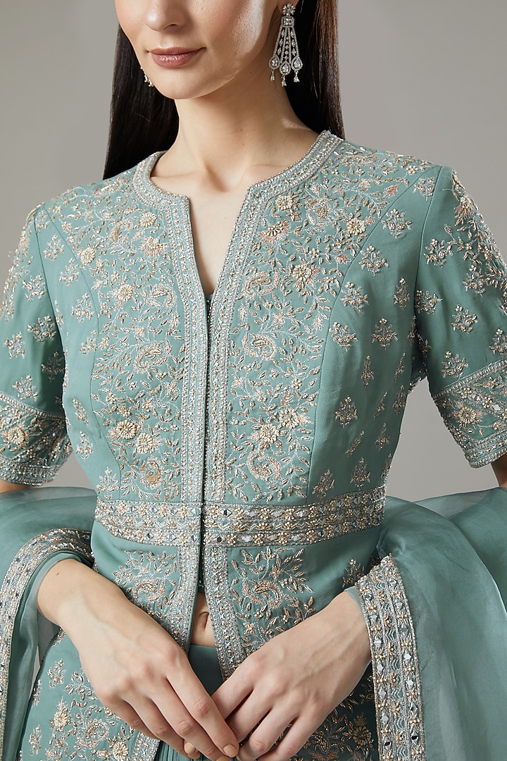 Blue Embroidered Jacket Wedding Lehenga Set by Sana Barreja at Pernia's Pop Up Shop