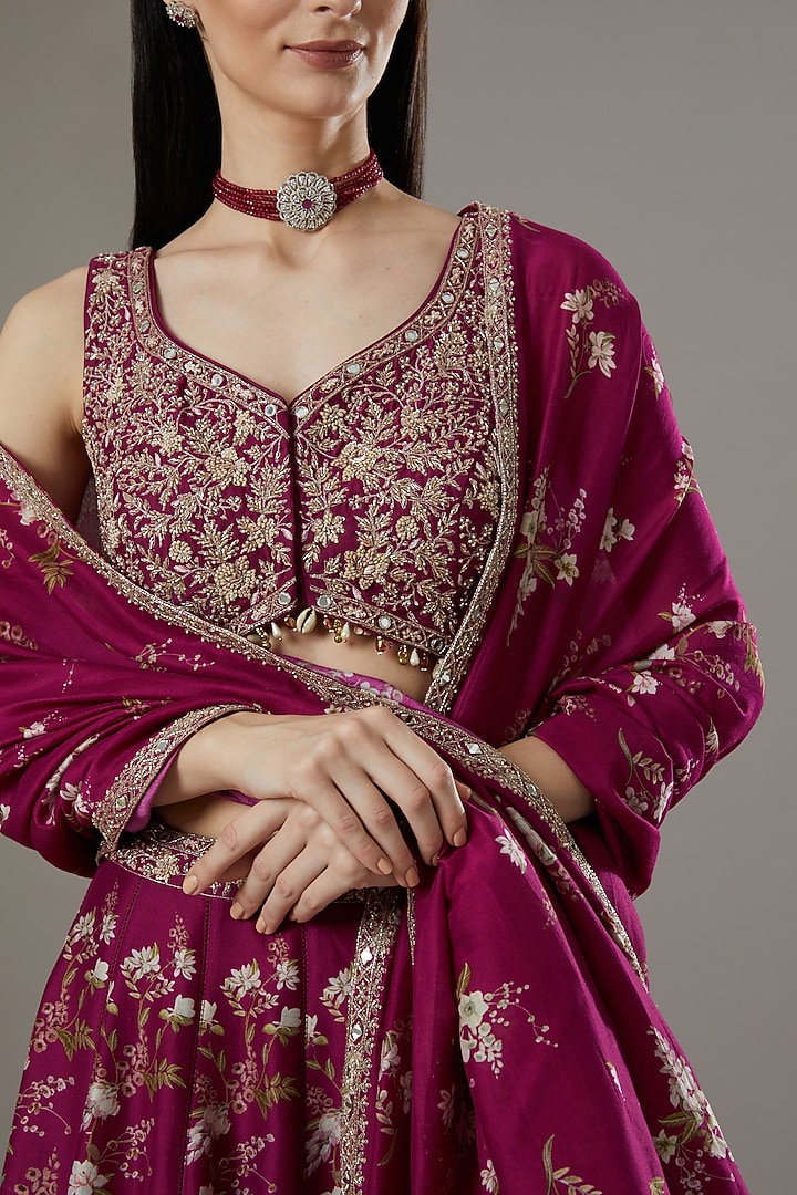 Maroon Printed Wedding Lehenga Set by Sana Barreja at Pernia's Pop Up Shop