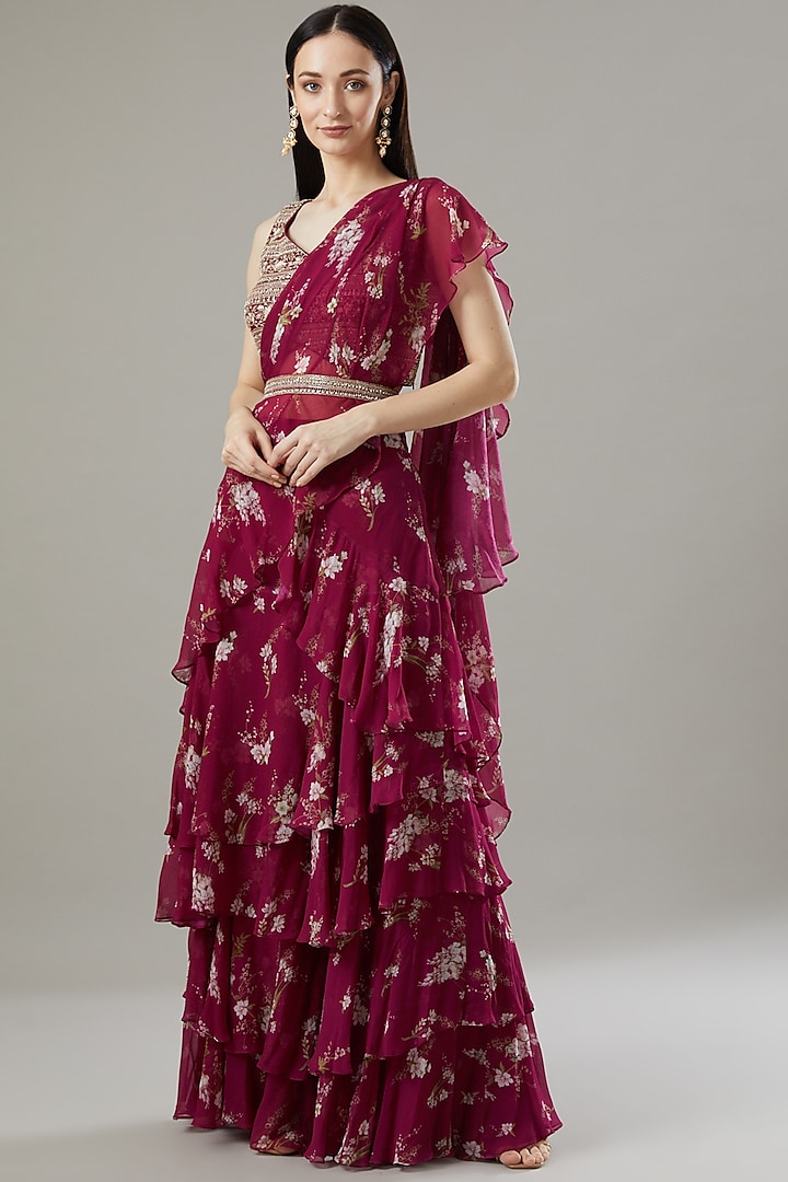 Maroon Silk Chiffon Pre-Stitched Saree Set by Sana Barreja