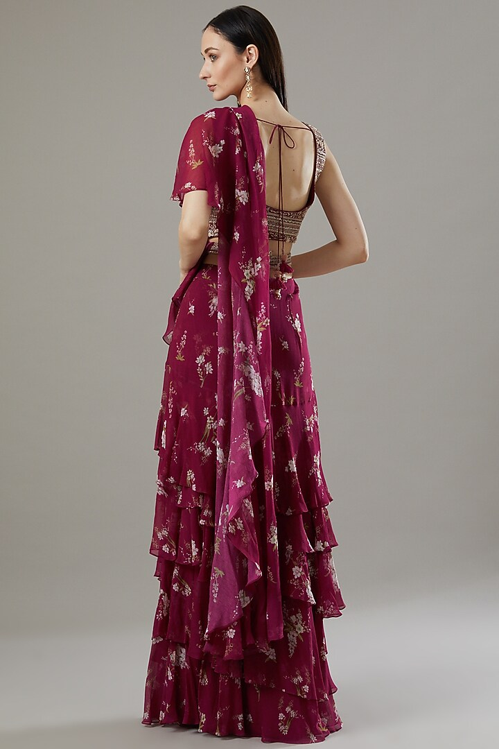 Maroon Silk Chiffon Pre-Stitched Wedding Saree Set by Sana Barreja at Pernia's Pop Up Shop