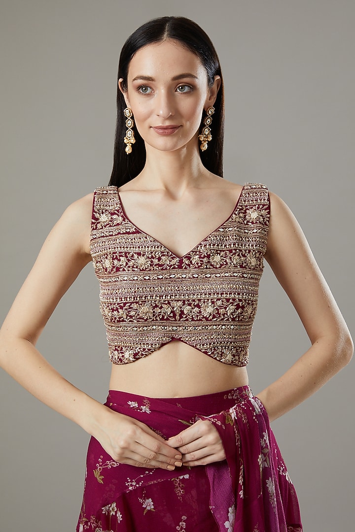 Maroon Silk Chiffon Pre-Stitched Wedding Saree Set by Sana Barreja at Pernia's Pop Up Shop