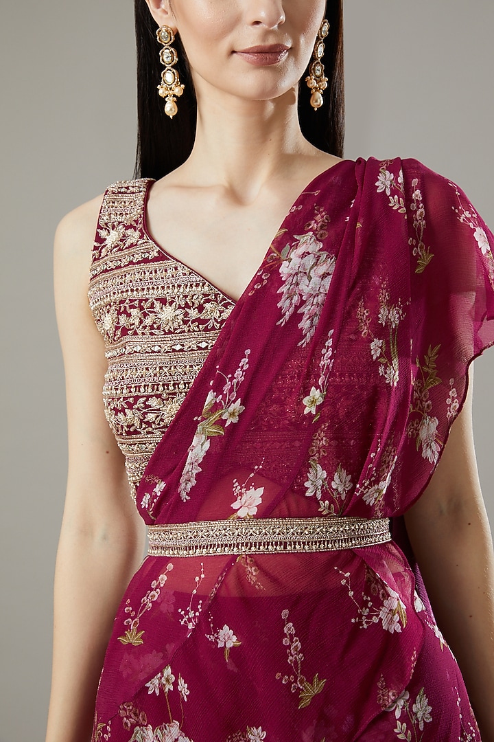 Maroon Silk Chiffon Pre-Stitched Wedding Saree Set by Sana Barreja at Pernia's Pop Up Shop