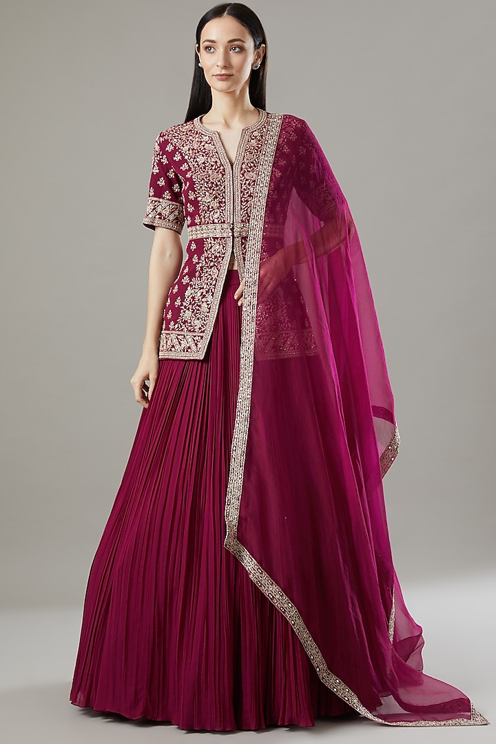 Maroon Georgette Lehenga Set by Sana Barreja