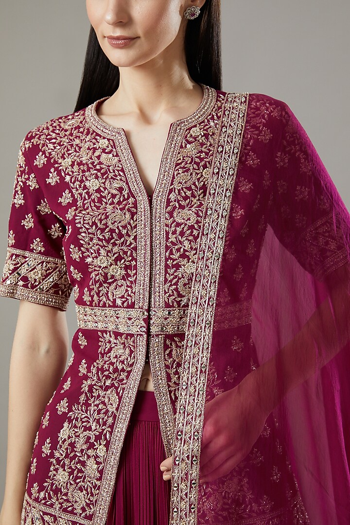 Maroon Georgette Wedding Lehenga Set by Sana Barreja at Pernia's Pop Up Shop