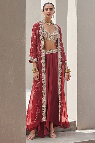 Oxblood Red Pure Silk Organza Floral Printed Cape Set by Sana Barreja