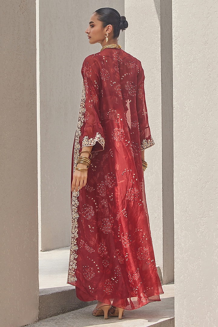 Oxblood Red Pure Silk Organza Floral Printed Cape Set by Sana Barreja at Pernia's Pop Up Shop