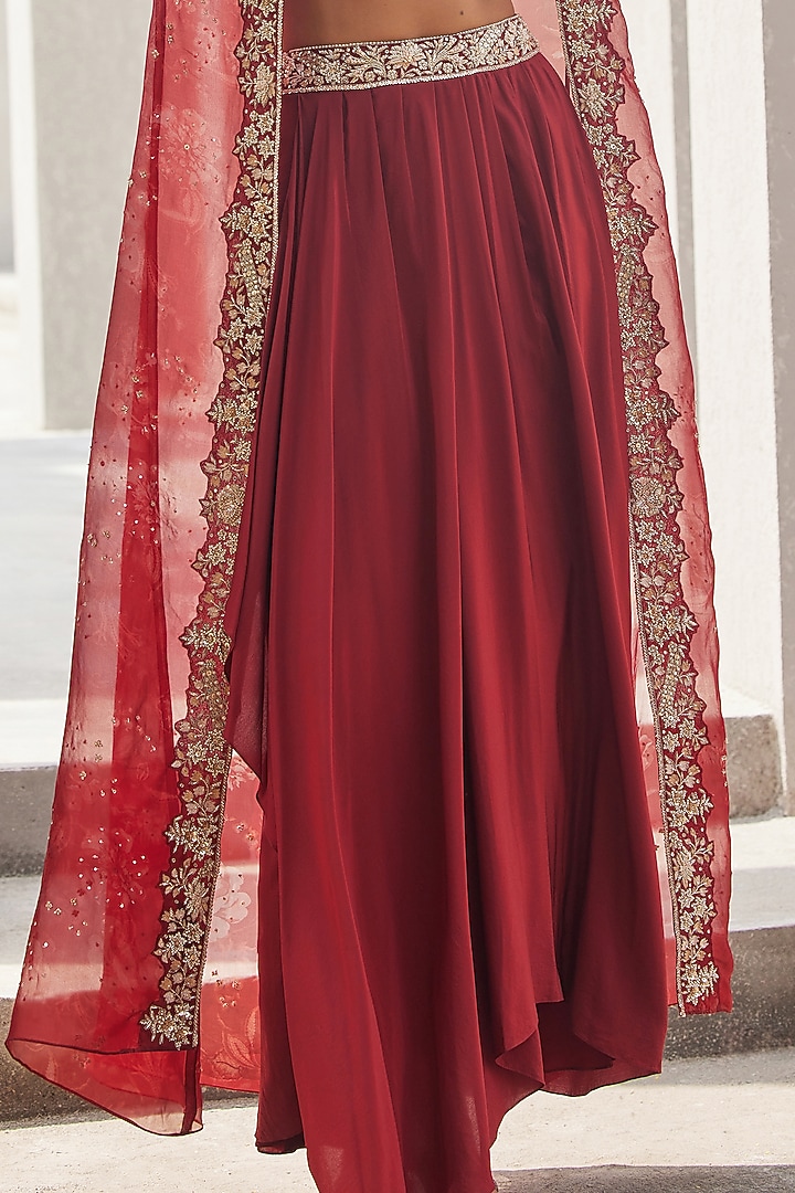 Oxblood Red Pure Silk Organza Floral Printed Cape Set by Sana Barreja at Pernia's Pop Up Shop