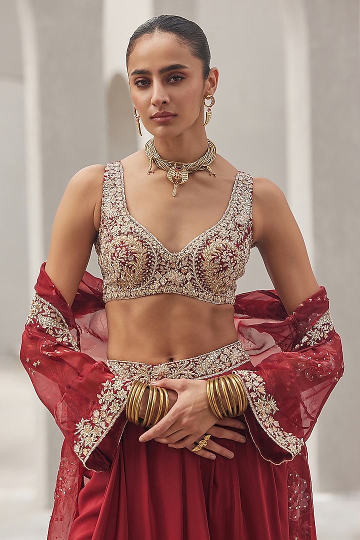 Oxblood Red Pure Silk Organza Floral Printed Cape Set by Sana Barreja at Pernia's Pop Up Shop