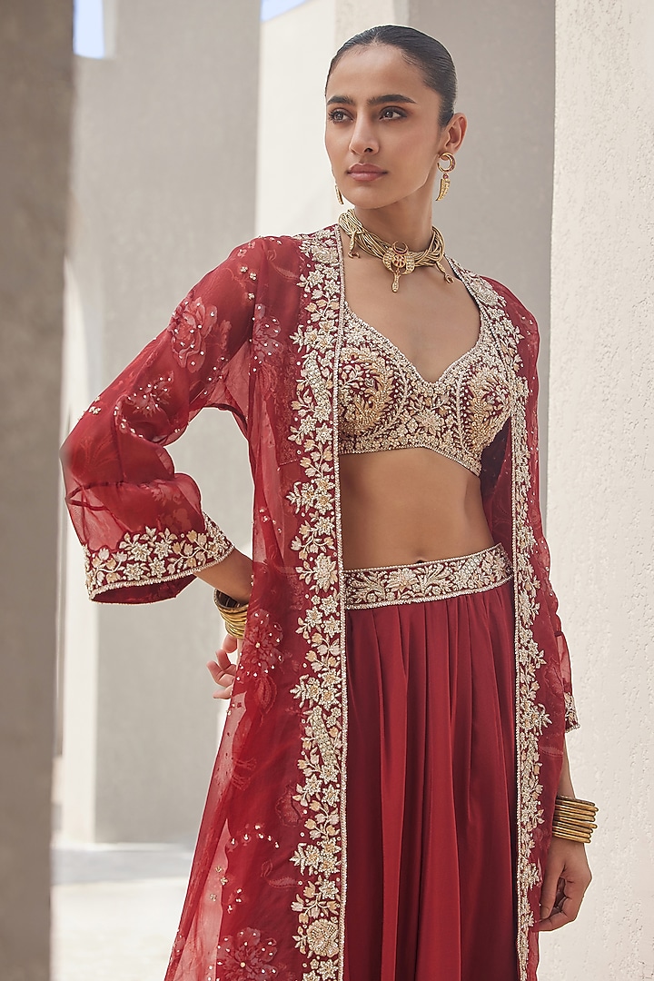 Oxblood Red Pure Silk Organza Floral Printed Cape Set by Sana Barreja at Pernia's Pop Up Shop