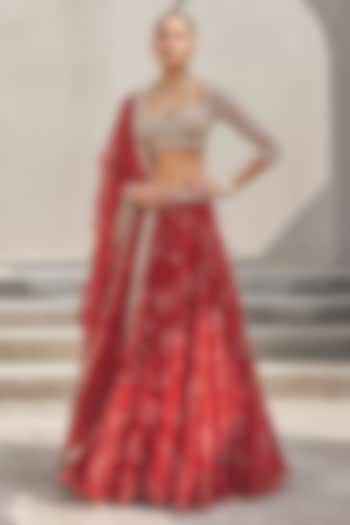 Oxblood Red Pure Silk Organza Floral Printed & Embroidered Wedding Lehenga Set by Sana Barreja at Pernia's Pop Up Shop