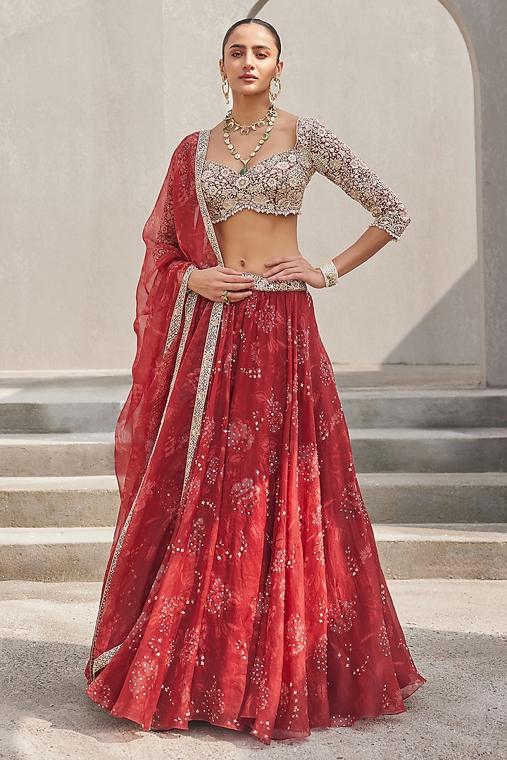 Oxblood Red Pure Silk Organza Floral Printed & Embroidered Wedding Lehenga Set by Sana Barreja at Pernia's Pop Up Shop