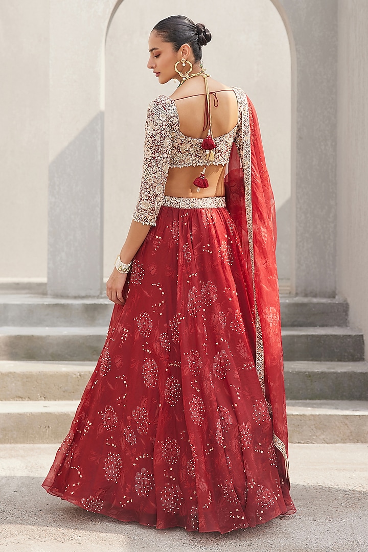 Oxblood Red Pure Silk Organza Floral Printed & Embroidered Wedding Lehenga Set by Sana Barreja at Pernia's Pop Up Shop