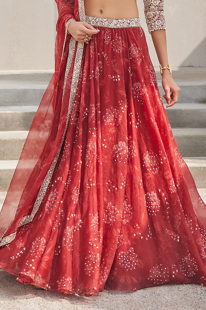 Oxblood Red Pure Silk Organza Floral Printed & Embroidered Wedding Lehenga Set by Sana Barreja at Pernia's Pop Up Shop