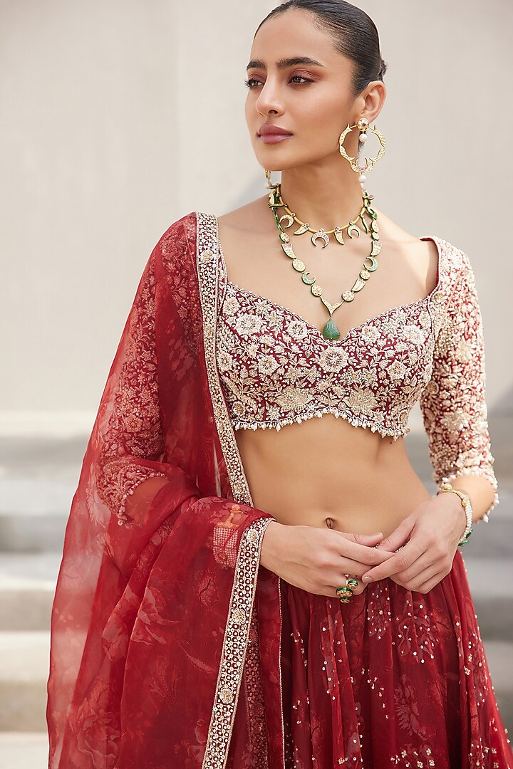 Oxblood Red Pure Silk Organza Floral Printed & Embroidered Wedding Lehenga Set by Sana Barreja at Pernia's Pop Up Shop
