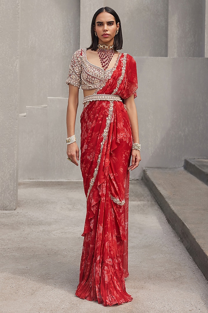 Oxblood Red Chiffon Floral Printed Pre-Draped Saree Set by Sana Barreja at Pernia's Pop Up Shop