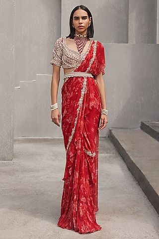 Oxblood Red Chiffon Floral Printed Pre-Draped Saree Set by Sana Barreja