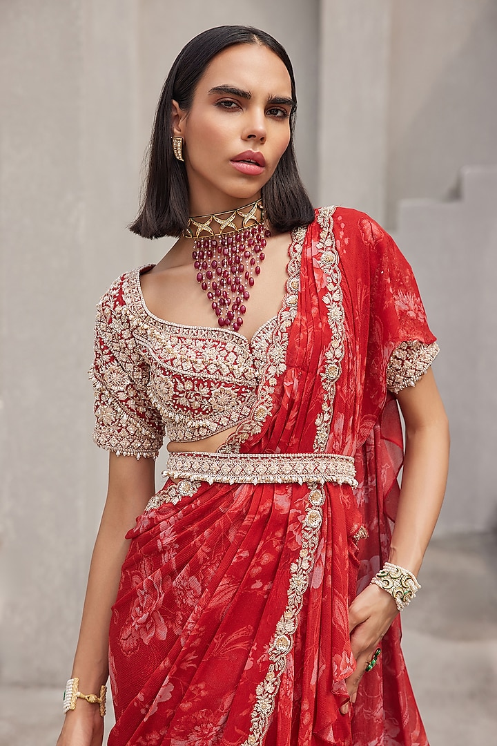 Oxblood Red Chiffon Floral Printed Pre-Draped Wedding Saree Set by Sana Barreja at Pernia's Pop Up Shop
