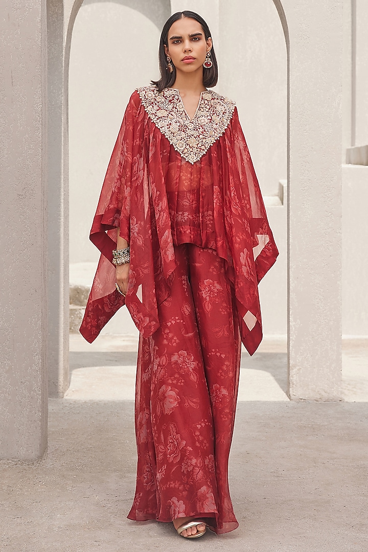 Oxblood Red Pure Silk Organza Floral Printed Sharara Set by Sana Barreja at Pernia's Pop Up Shop