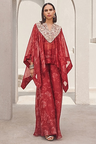 Oxblood Red Pure Silk Organza Floral Printed Sharara Set by Sana Barreja
