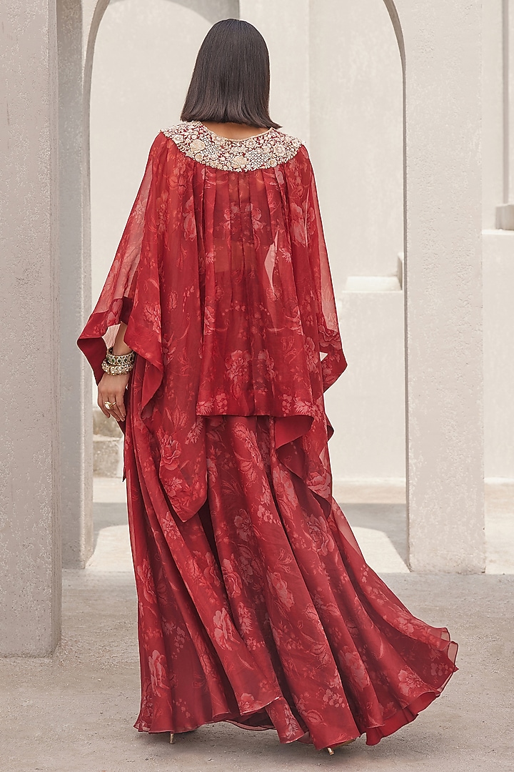 Oxblood Red Pure Silk Organza Floral Printed Wedding Sharara Set by Sana Barreja at Pernia's Pop Up Shop