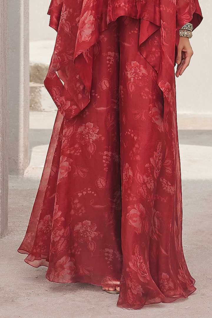 Oxblood Red Pure Silk Organza Floral Printed Wedding Sharara Set by Sana Barreja at Pernia's Pop Up Shop