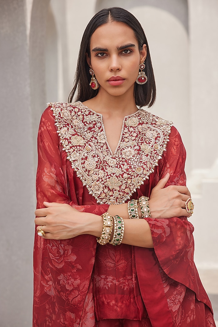 Oxblood Red Pure Silk Organza Floral Printed Wedding Sharara Set by Sana Barreja at Pernia's Pop Up Shop