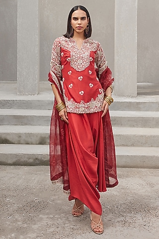 Oxblood Red Pure Dupion Silk Hand Embroidered Kurta Set by Sana Barreja