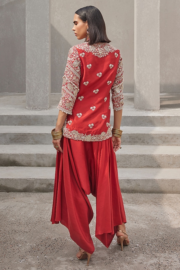 Oxblood Red Pure Dupion Silk Hand Embroidered Kurta Set by Sana Barreja at Pernia's Pop Up Shop