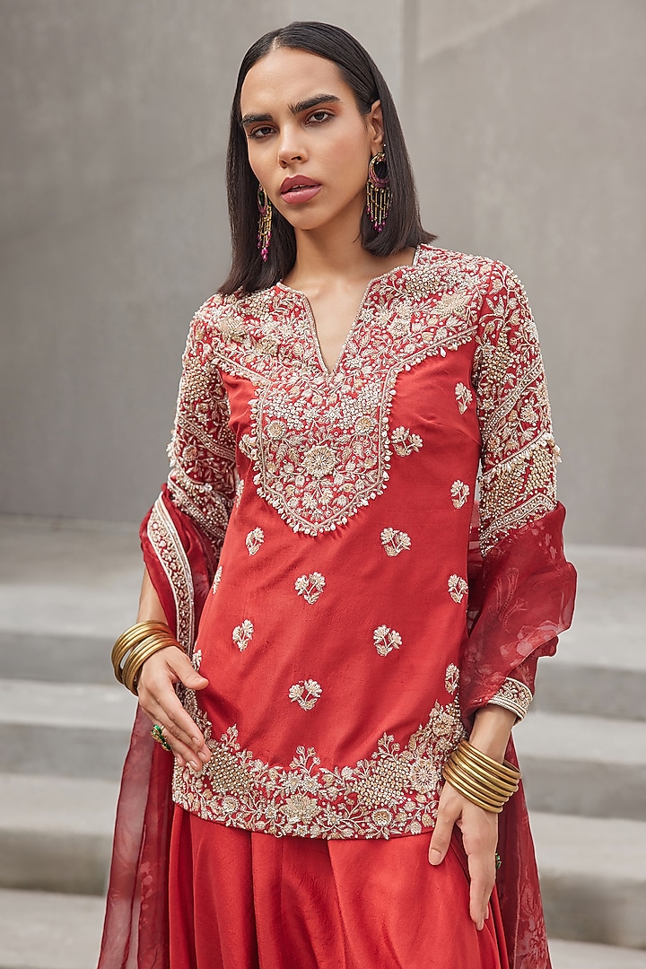 Oxblood Red Pure Dupion Silk Hand Embroidered Kurta Set by Sana Barreja at Pernia's Pop Up Shop