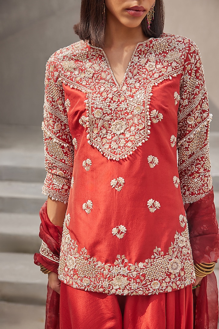 Oxblood Red Pure Dupion Silk Hand Embroidered Kurta Set by Sana Barreja at Pernia's Pop Up Shop