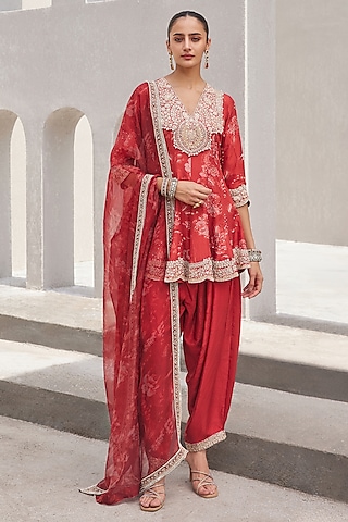 Oxblood Red Pure Dupion Silk Hand Embroidered & Printed Kurta Set by Sana Barreja