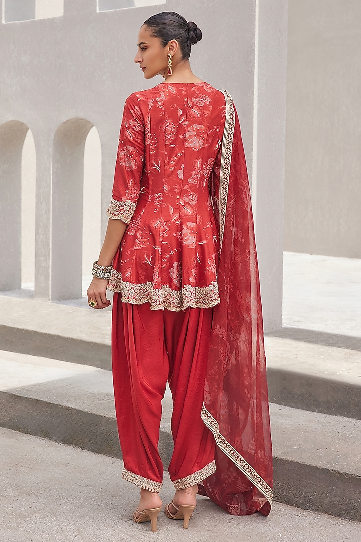Oxblood Red Pure Dupion Silk Hand Embroidered & Printed Kurta Set by Sana Barreja at Pernia's Pop Up Shop
