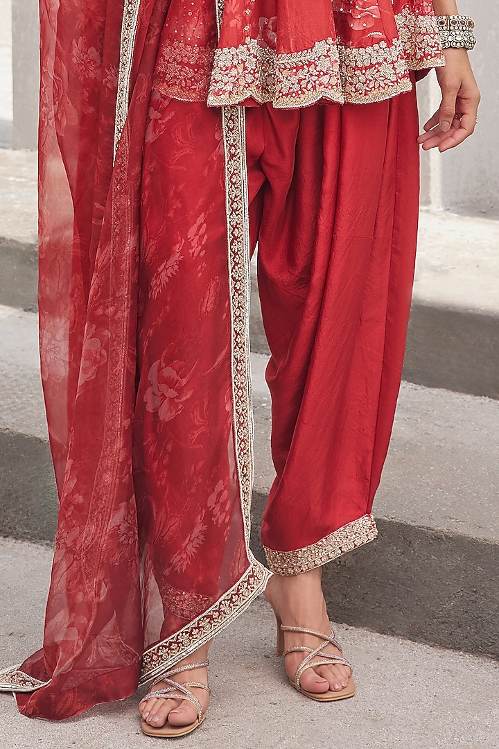 Oxblood Red Pure Dupion Silk Hand Embroidered & Printed Kurta Set by Sana Barreja at Pernia's Pop Up Shop