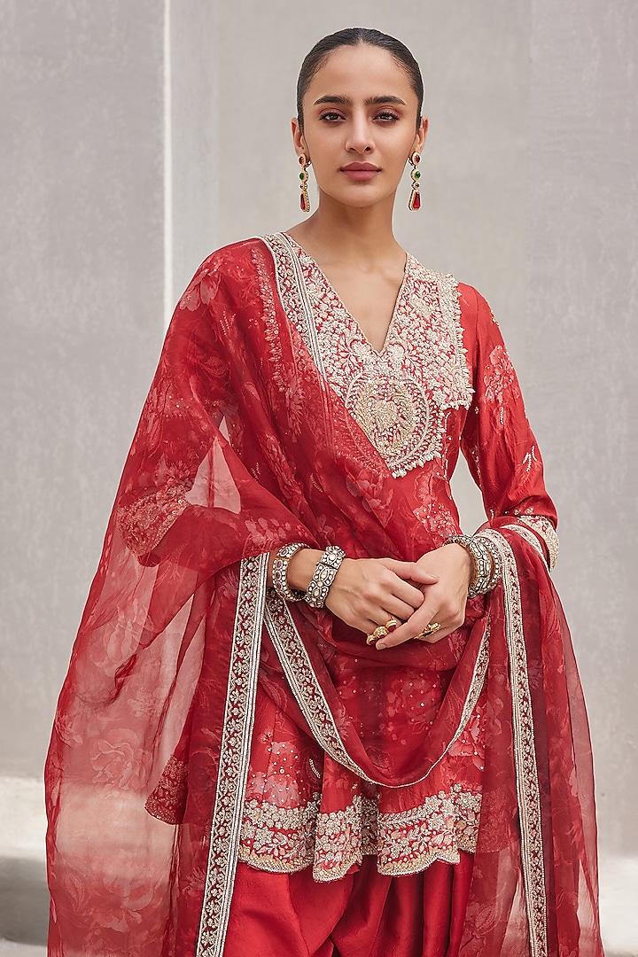 Oxblood Red Pure Dupion Silk Hand Embroidered & Printed Kurta Set by Sana Barreja at Pernia's Pop Up Shop
