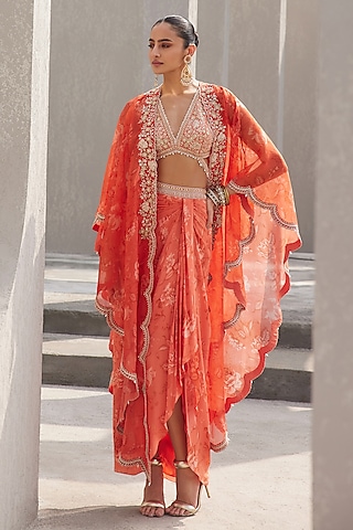 Coral Pure Silk Organza Floral Printed & Embroidered Cape Set by Sana Barreja
