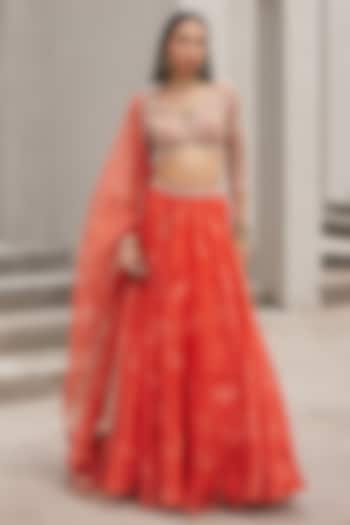 Coral Pure Silk Organza Floral Printed Wedding Lehenga Set by Sana Barreja at Pernia's Pop Up Shop