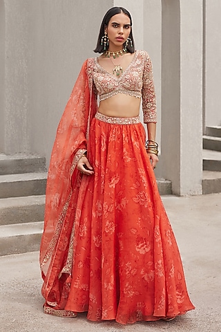 Coral Pure Silk Organza Floral Printed Lehenga Set by Sana Barreja