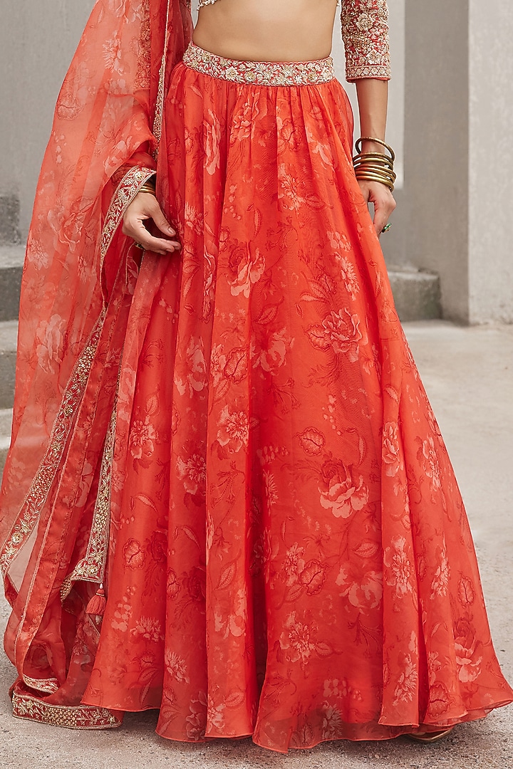 Coral Pure Silk Organza Floral Printed Wedding Lehenga Set by Sana Barreja at Pernia's Pop Up Shop