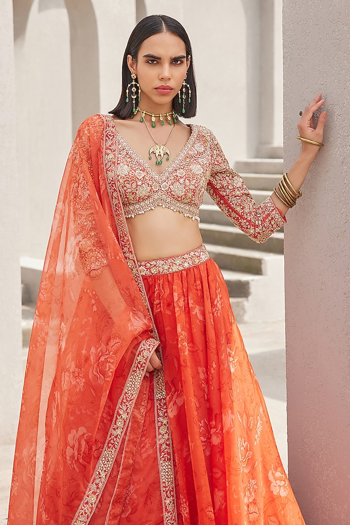 Coral Pure Silk Organza Floral Printed Wedding Lehenga Set by Sana Barreja at Pernia's Pop Up Shop
