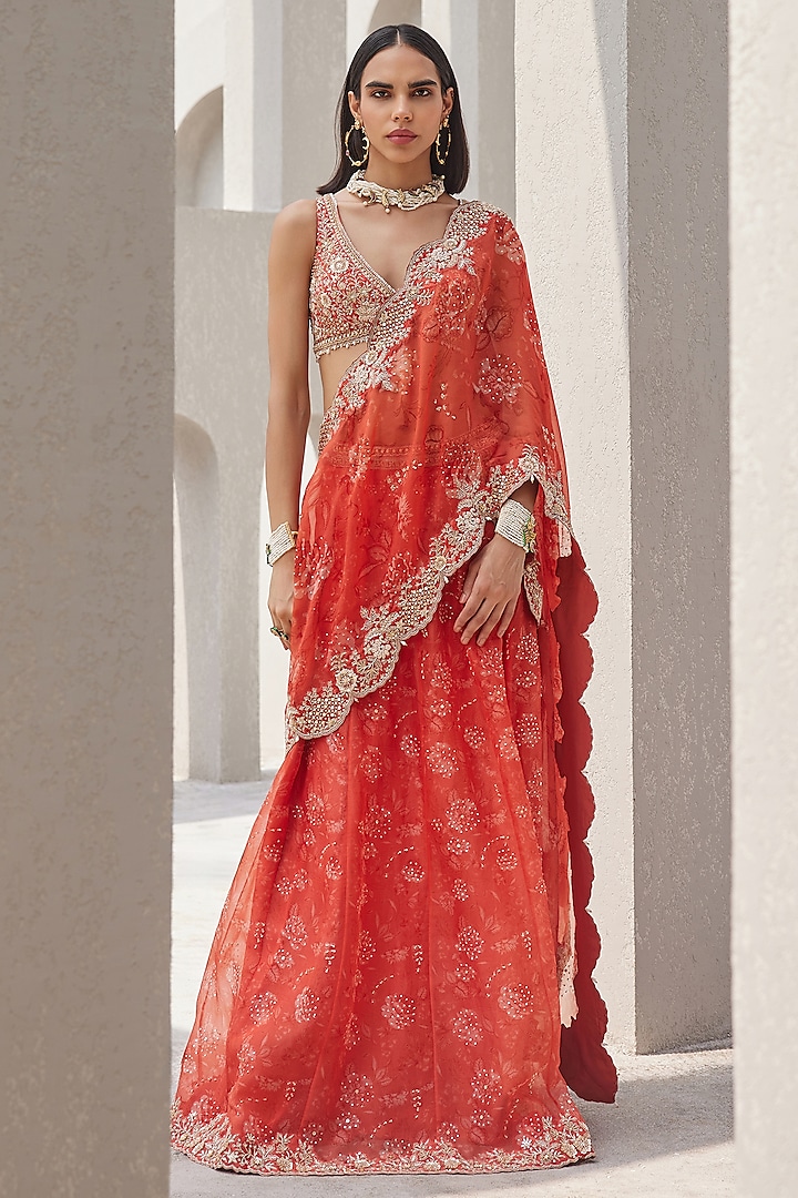 Coral Pure Organza Silk Floral Printed Pre-Draped Saree Set by Sana Barreja at Pernia's Pop Up Shop