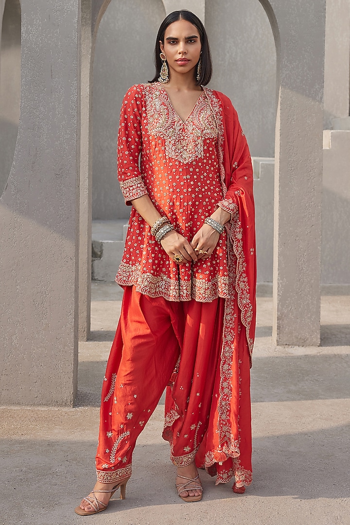 Coral Pure Silk Hand Embroidered Kurta Set by Sana Barreja at Pernia's Pop Up Shop